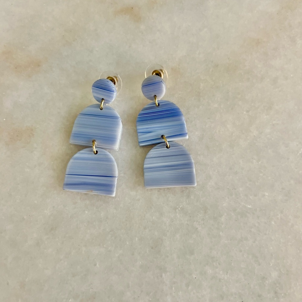 Madewell Earrings Art Deco Dangly Contemporary Modern Light Sky Blue Gold Stripe - Picture 2 of 5